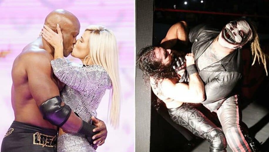  【左写真】キスを交わすボビー・ラシュリー（左）とラナ。【右写真】セス・ロリンズ（左）を襲うブレイ・ワイアット（Ｃ）2019 WWE, Inc. All Rights Reserved.