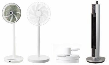  左からシャープ、山善、コイズミの扇風機