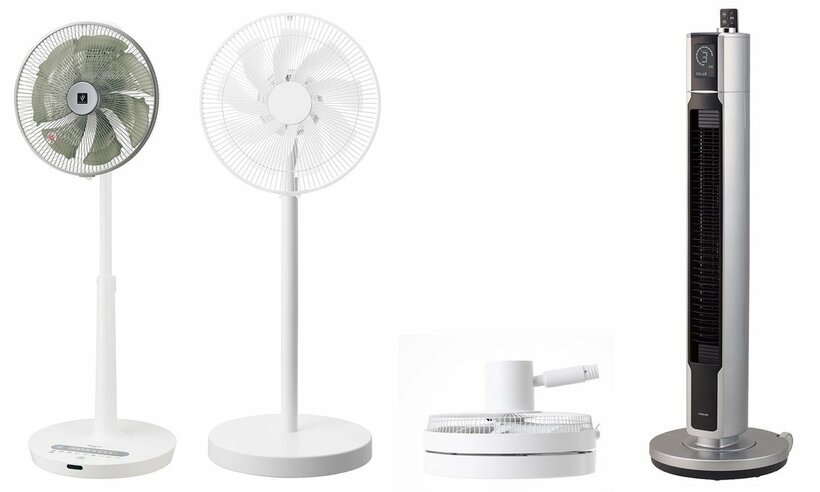  左からシャープ、山善、コイズミの扇風機