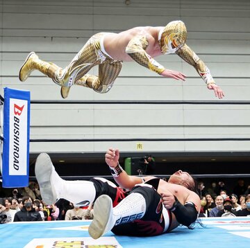 シューティングスタープレスでゲレーロを圧殺したドラダ