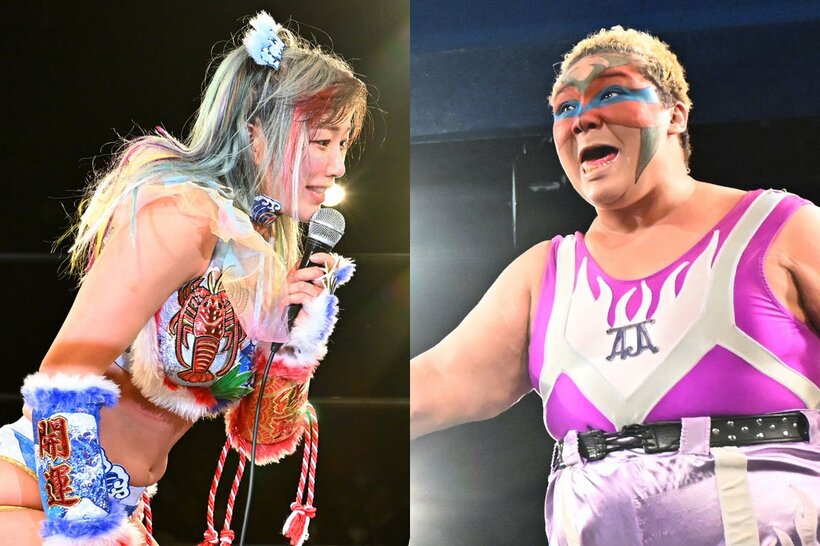 後楽園大会でシングルマッチを行うウナギ・サヤカ(左)とアジャコング