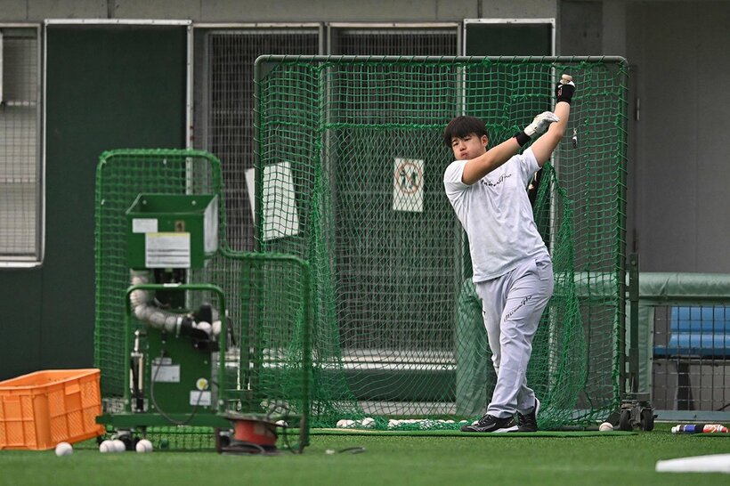 休日返上し打撃練習する石塚裕惺