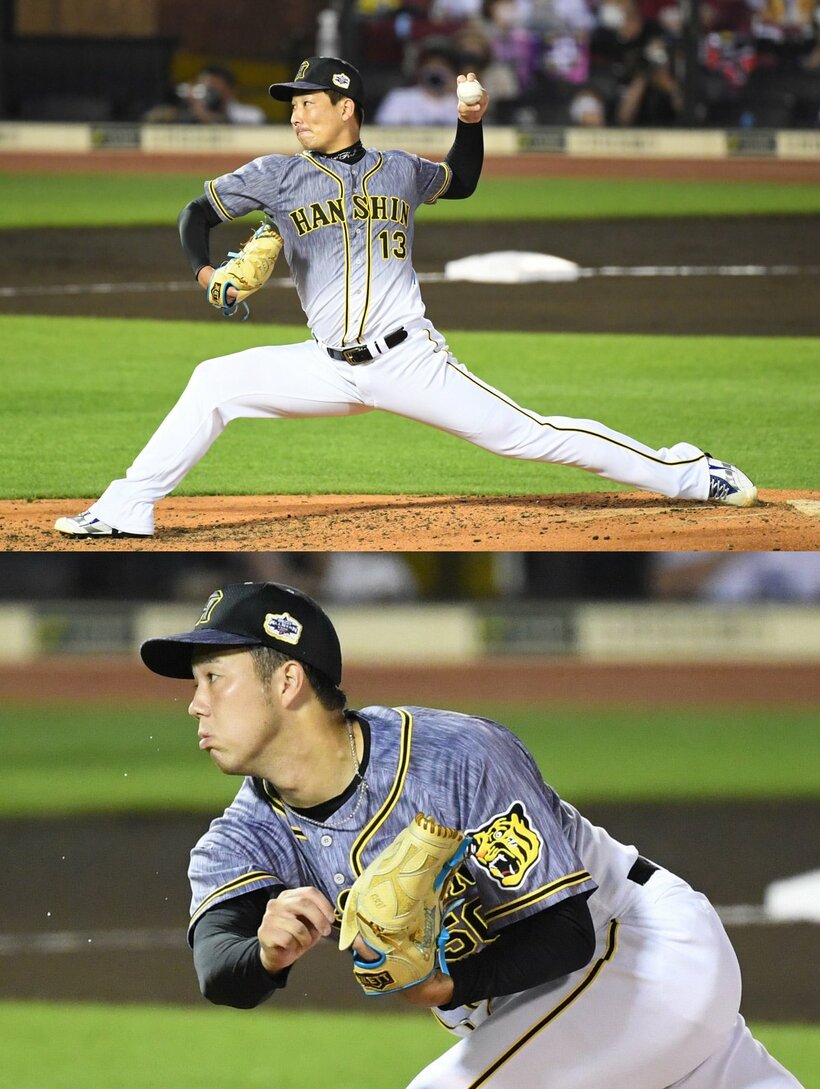  好投を見せた阪神・岩崎(上)と青柳