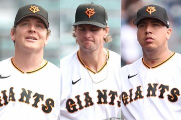 楽天とのオープン戦に揃って登板した巨人のハワード(左)、ウィットリー(中)、マタ