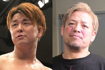 〝陰湿男〟青柳優馬(左)と、全日マット再登場となった潮崎豪