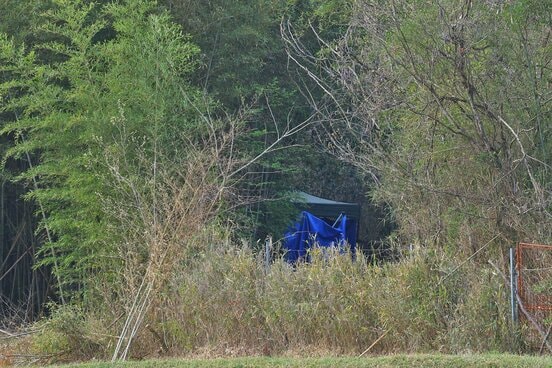 遺体発見場所にはブルーシートで囲われた