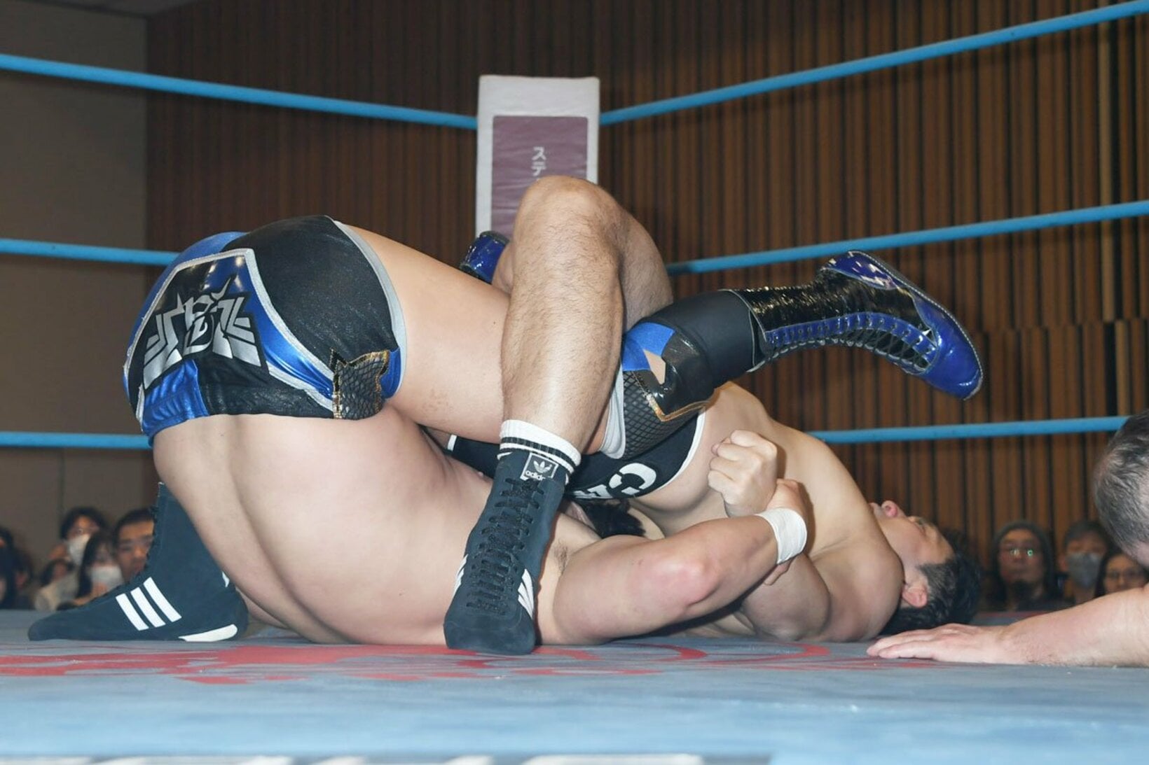 鈴木(右)、青柳(左)の双方がフォールを奪う体勢となったヨーロピアンクラッチ