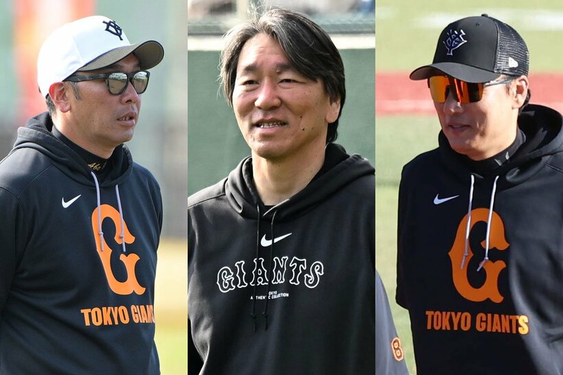 巨人・阿部監督(左)、松井秀喜氏(中)、イ・スンヨプ打撃コーチ