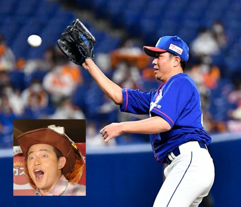  完投しながらも４敗目を喫した中日・大野雄。顔写真はスピードワゴン・井戸田