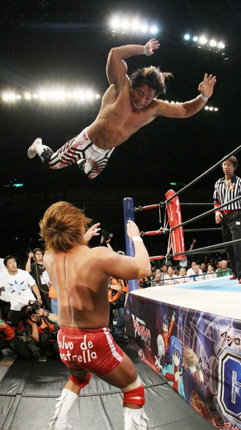 場外の内藤哲也（下）にハイフライフローを見舞う棚橋弘至（２０１１年）