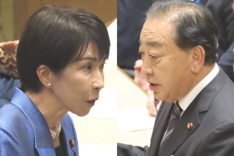 初の党首討論を行った高市首相（左）と立憲・野田代表