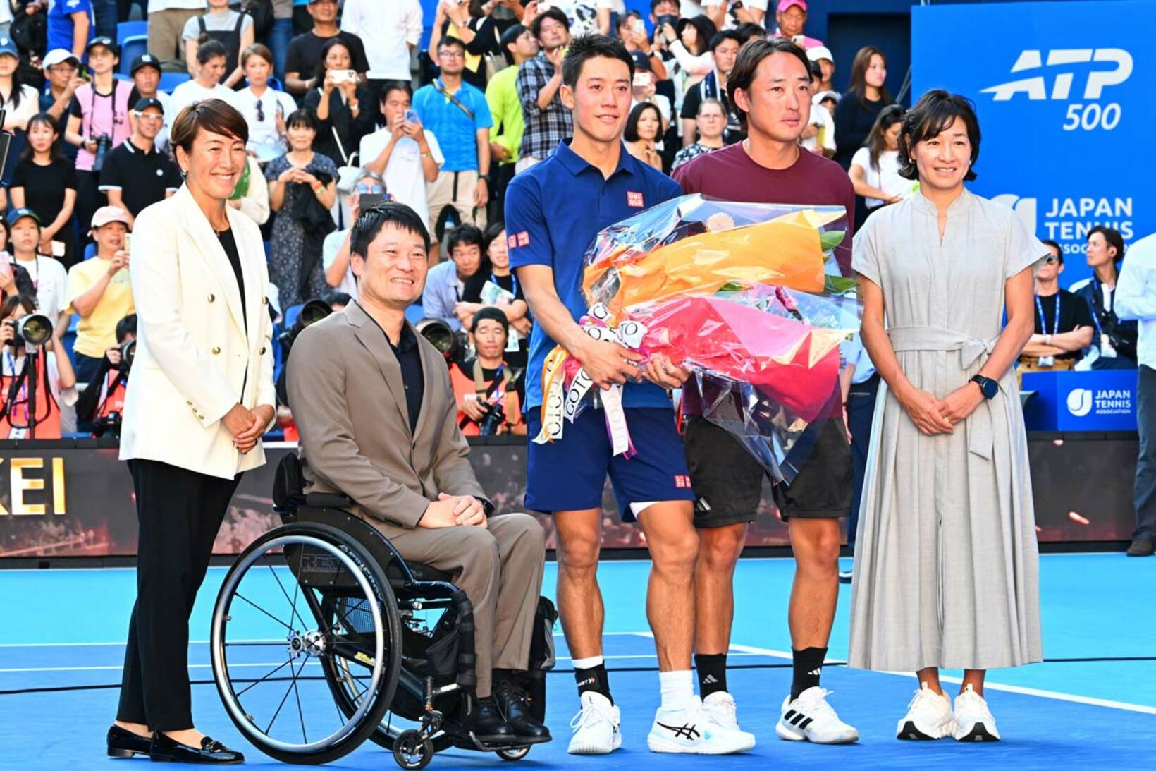 （左から）杉山愛氏、国枝慎吾氏、錦織圭、添田豪氏、伊達公子氏
