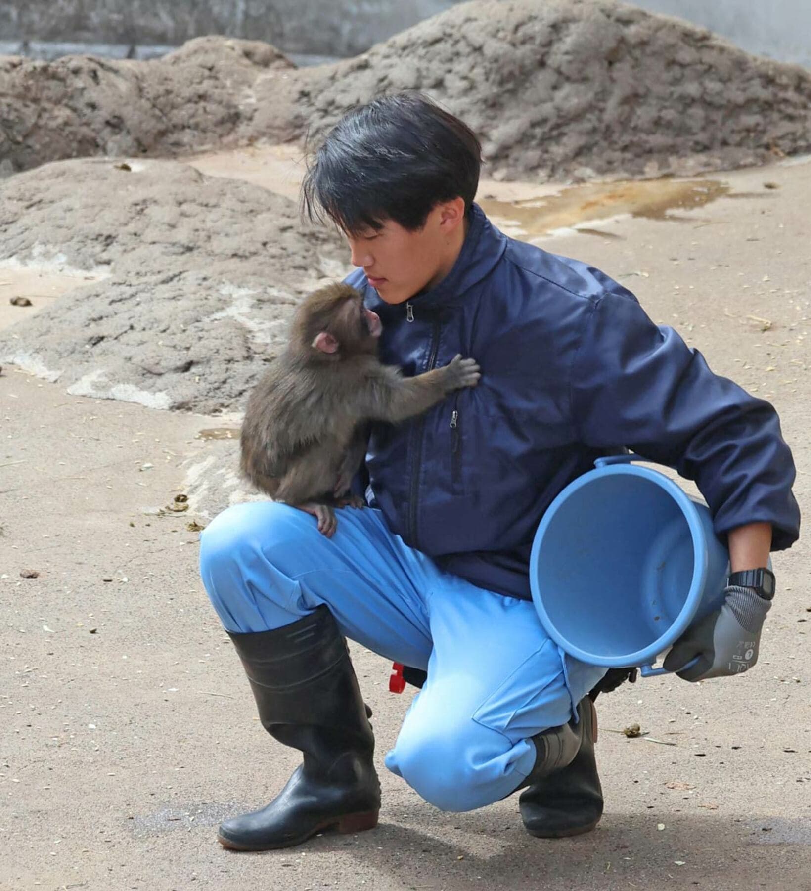 飼育員に抱きつくパンチくん