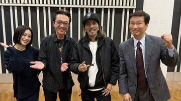 「青春もぎたて朝一番」に出演する（左から）酒井法子、箕輪単志、鮫島秀樹、森田健作