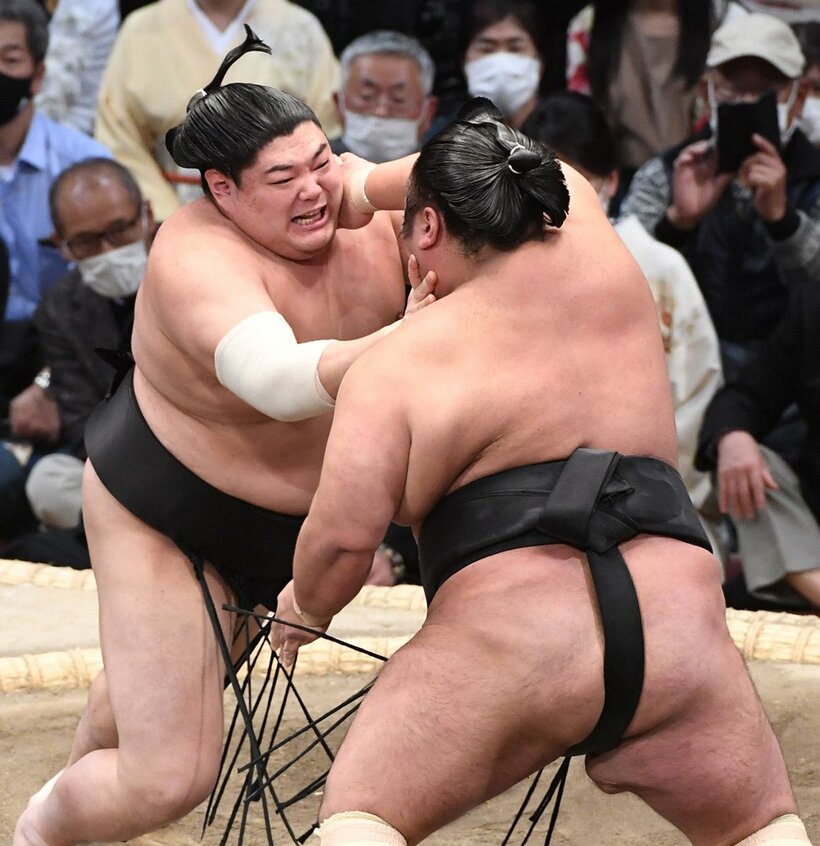  格上の貴景勝(右)を押し相撲で下した阿炎（東スポWeb）