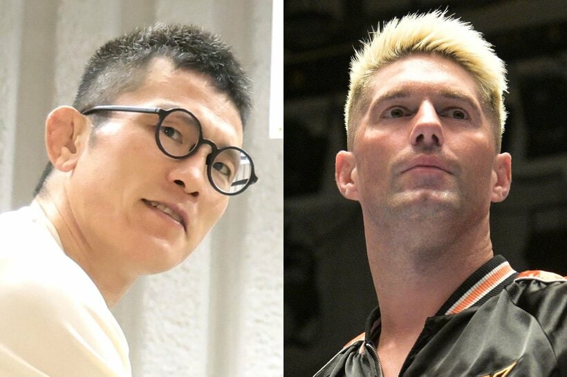 打倒ザック・セイバーJr.(右)へメガネを光らせる青木真也(左)