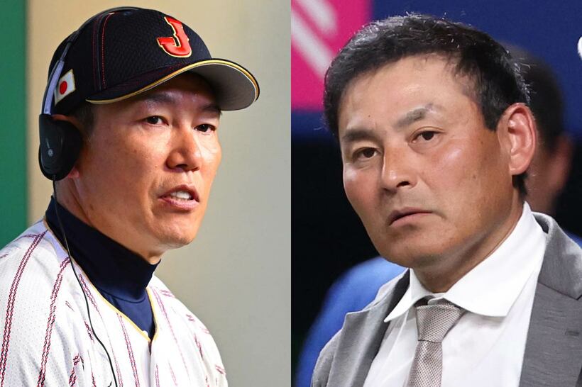 井端監督（左）と川上憲伸氏