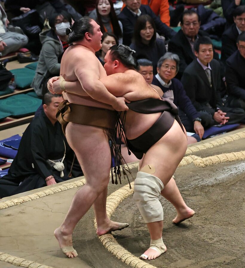 竜電（左）を寄り切った朝乃山