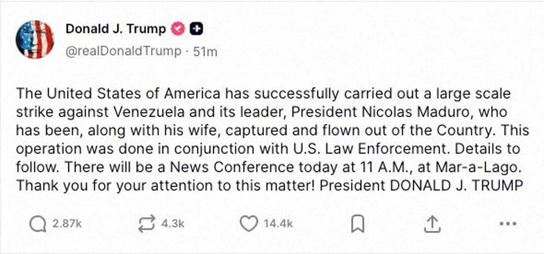 攻撃成功を伝えたトランプ大統領のSNS投稿