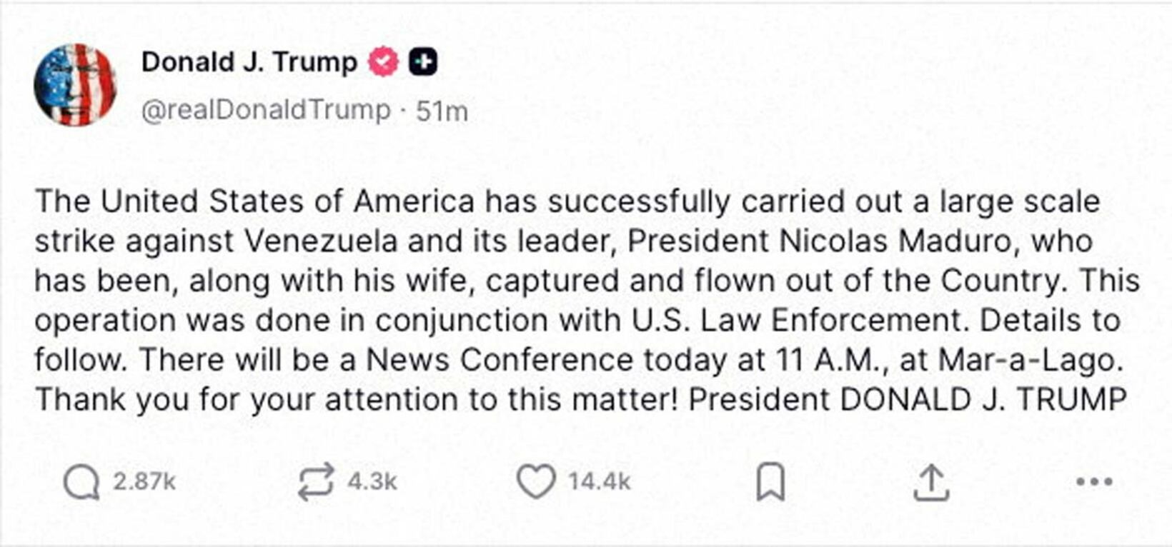 攻撃成功を伝えたトランプ大統領のSNS投稿