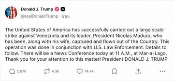攻撃成功を伝えたトランプ大統領のSNS投稿