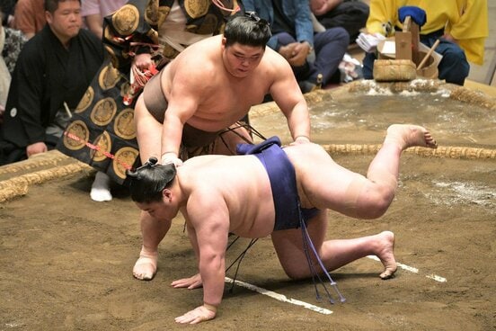 藤青雲(下)をはたき込んで勝利した伯乃富士