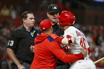 審判に詰め寄るウィルソン・コントレラス（ロイター）