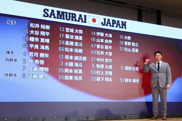 侍ジャパンに選出したメンバー一覧の前でポーズを決める井端監督