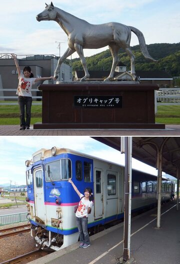  【写真上】オグリキャップなど、名馬のお墓参りができます【写真下】大自然を駆ける馬がたくさん見られる日高本線