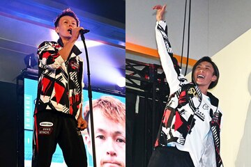 九州勢の宮地元輝(左)と峰竜太も、オープニングセレモニーで大声援を受けた