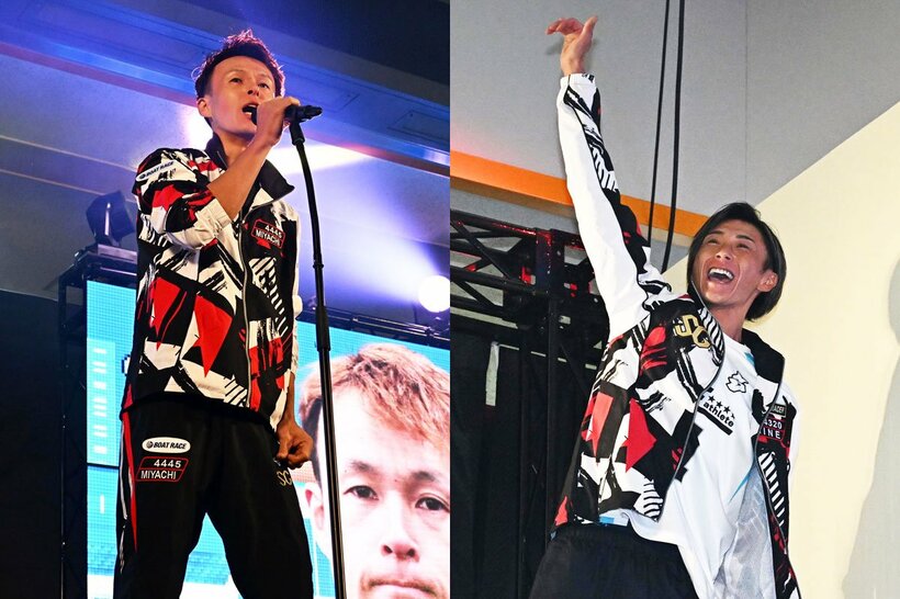 九州勢の宮地元輝(左)と峰竜太も、オープニングセレモニーで大声援を受けた