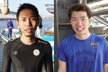 ともに「水神祭」を終え、ズブ濡れの堤啓輔(左)と山下昴大