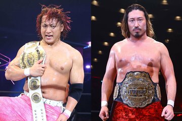 ともに新王者となったGLOBAL王者・海野翔太(左)と、IWGP王者・辻陽太
