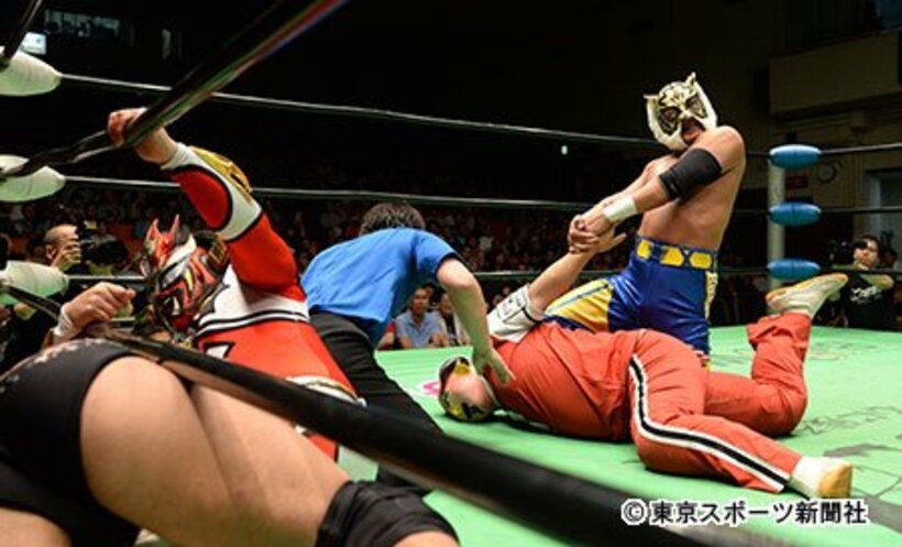 菊タローの腕を絞り上げるタイガーマスク