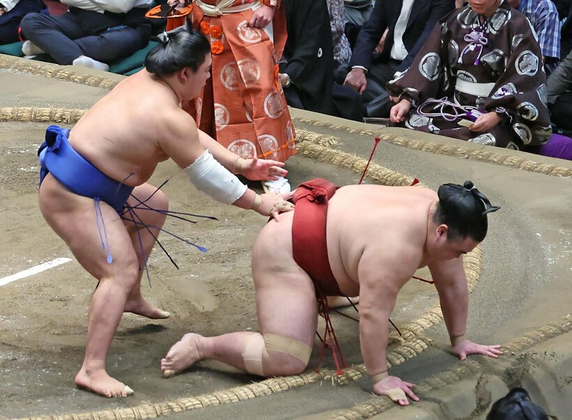 隆の勝(右)を突き落としで下した藤ノ川