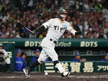 ８回、自打球で痛がる佐藤輝明