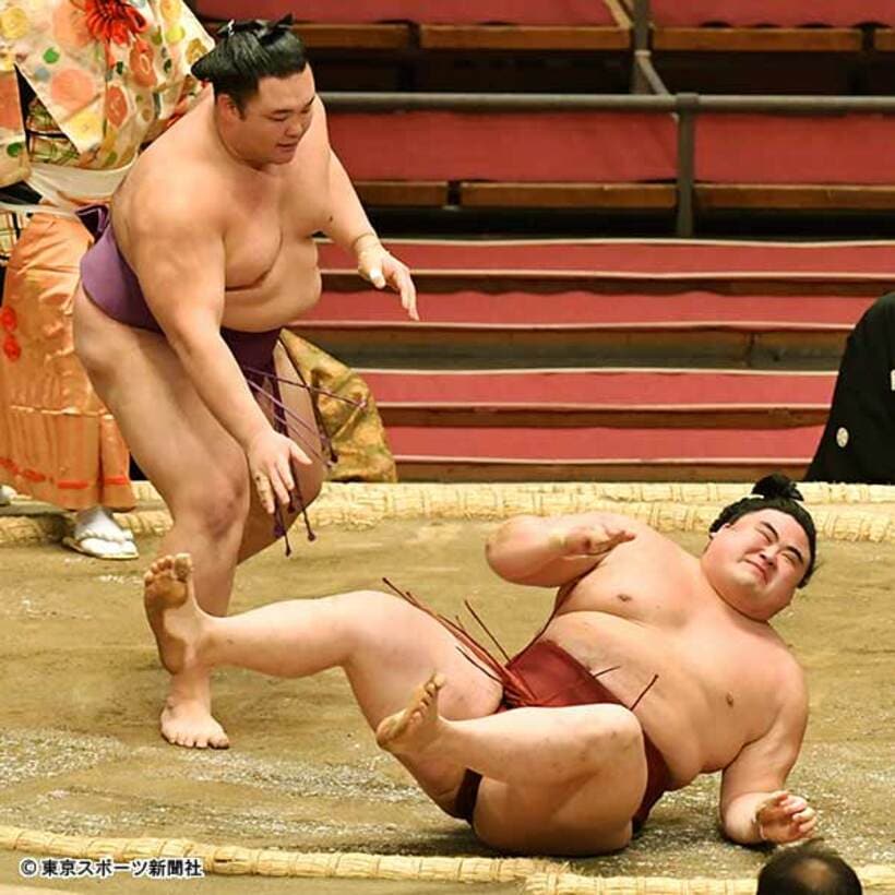  朝乃山が隆の勝（手前）を押し倒して１０勝目