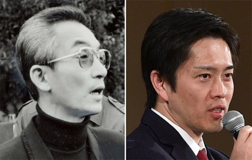  自身のツイッターに横山やすしさん（左）をほうふつとさせる黒タートルネック姿を投稿した吉村府知事（右）