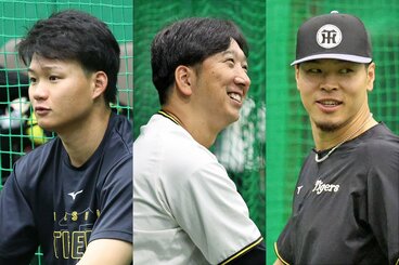 左から阪神・森下翔太、藤川監督、佐藤輝明