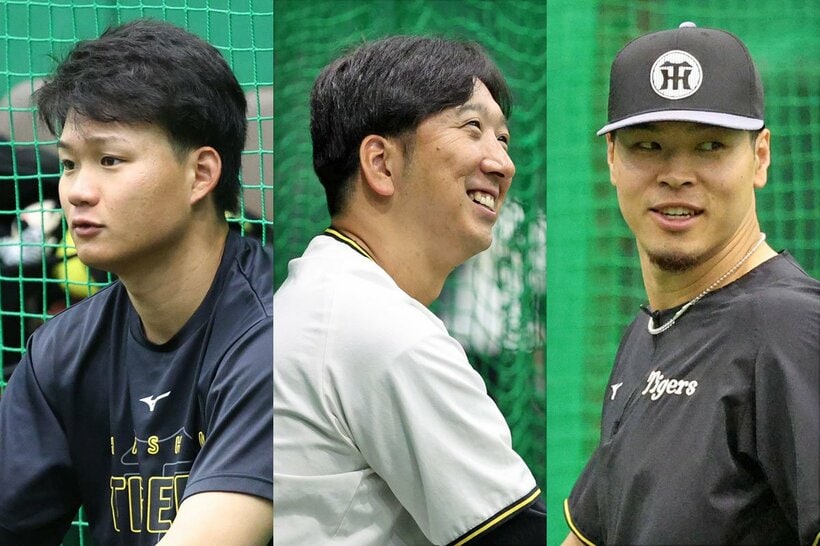 左から阪神・森下翔太、藤川監督、佐藤輝明
