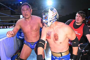 場外で永田（左）を攻めるケンドー・カシン