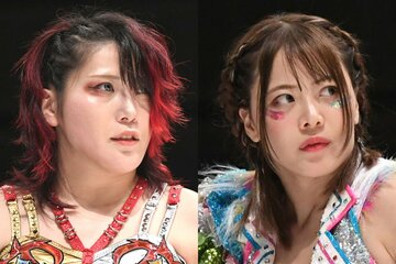 岩谷麻優(右)の持つGHC女子王座を狙う林下詩美(左)