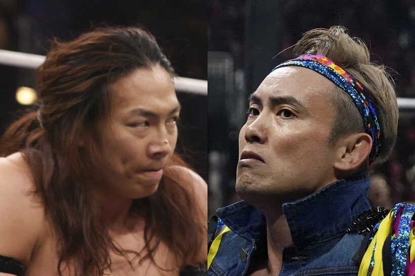 竹下幸之介（左）とオカダ・カズチカ（©All Elite Wrestling）
