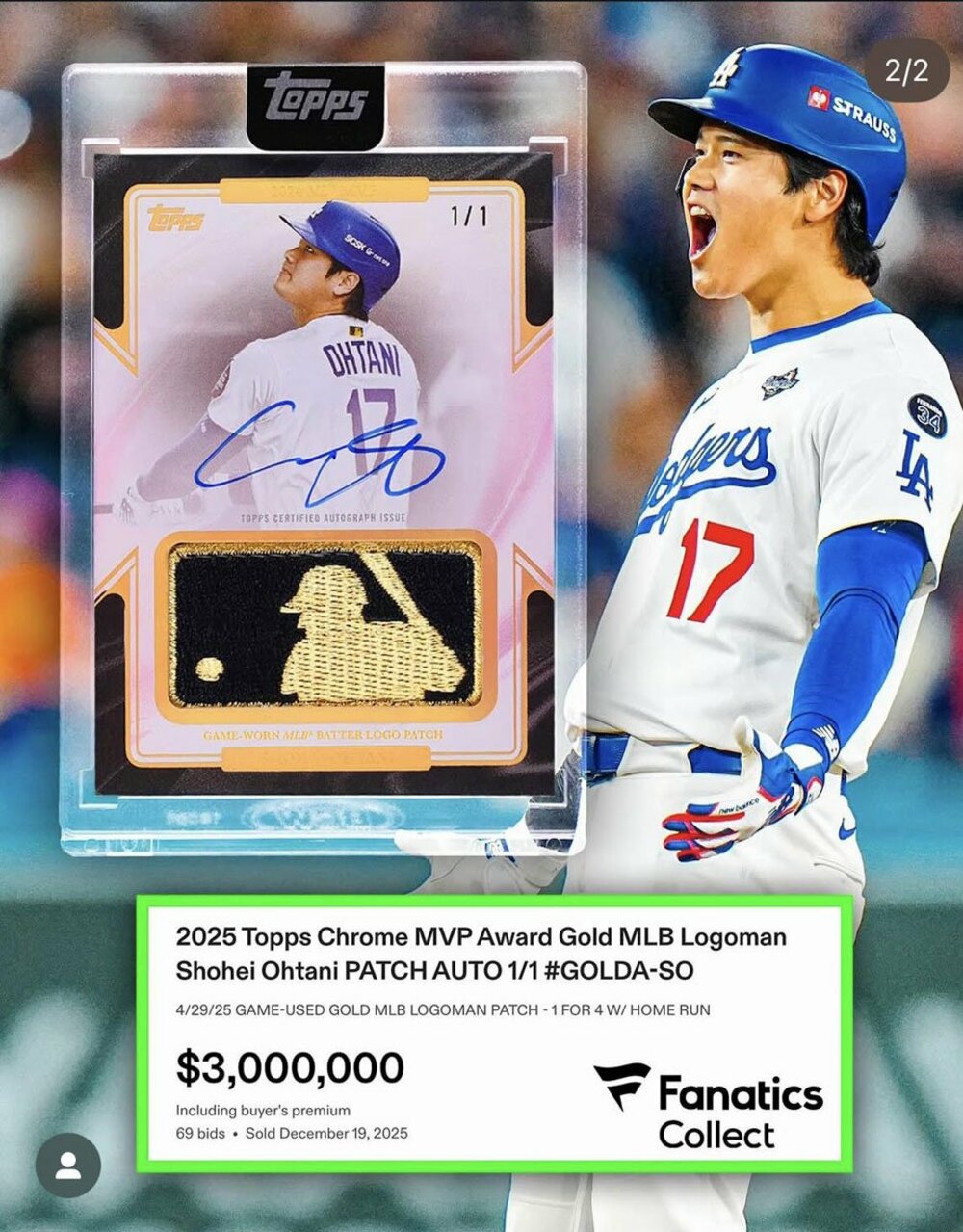 ３００万ドルで落札された大谷のカード（インターネットから）