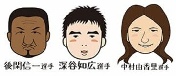 ももゆい画伯のイラスト。左から後閑信一、深谷知広、中村由香里