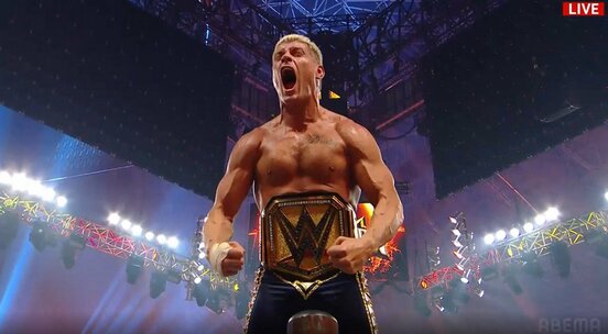 防衛を果たし吠えるコーディ・ローデス©AbemaTV, Inc.