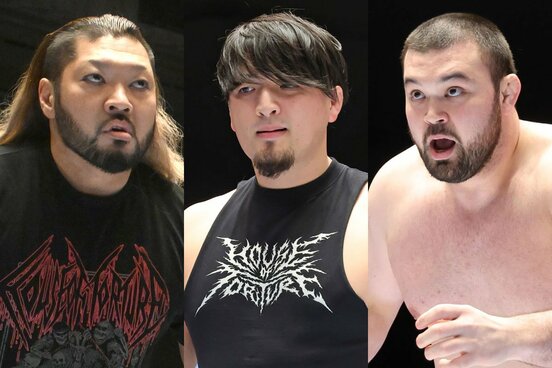 新日本を退団したEVIL(左)と、H.O.T存続を語った成田蓮(中)、NEVER王者のウルフアロン
