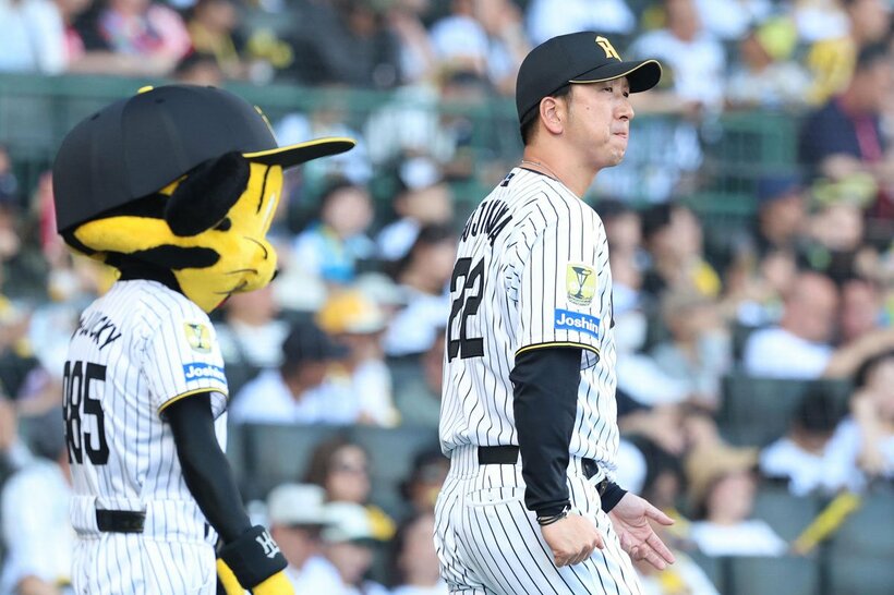 カード初戦に続いての零封負けに、渋い表情の阪神・藤川監督(右)