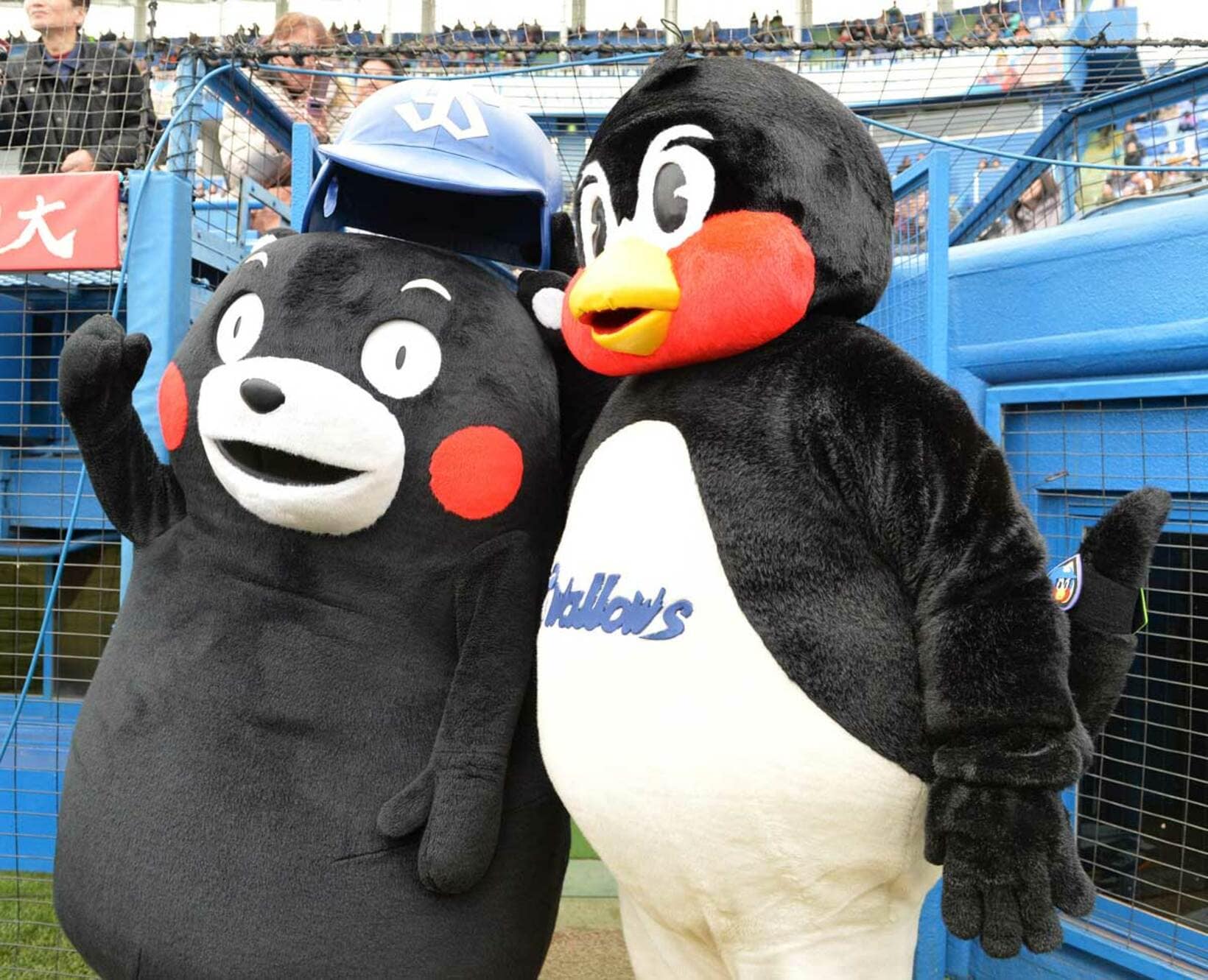 ２０１６年のヤクルトファン感謝デーに登場したくまモン。右はつば九郎