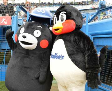 ２０１６年のヤクルトファン感謝デーに登場したくまモン。右はつば九郎